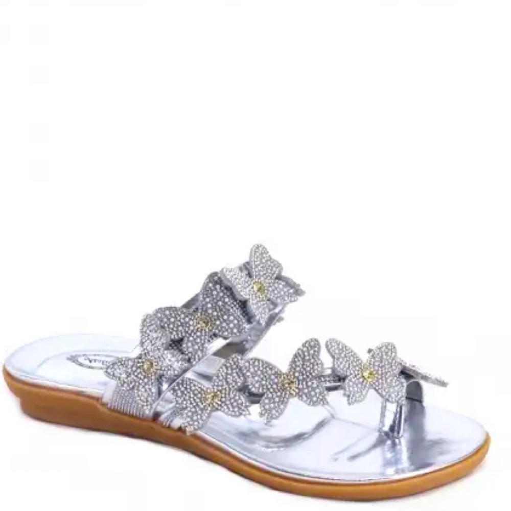 Italina BUTTERFLY Metallic Silver Rhinestone Toe Ring Padded Flat Sandals
